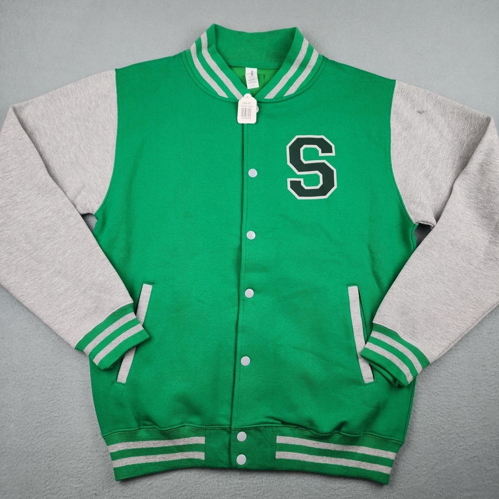 JustHoods Jacket Mens Large Green Shamrock Varsity Snap Fleece S Logo JHA043 NWT